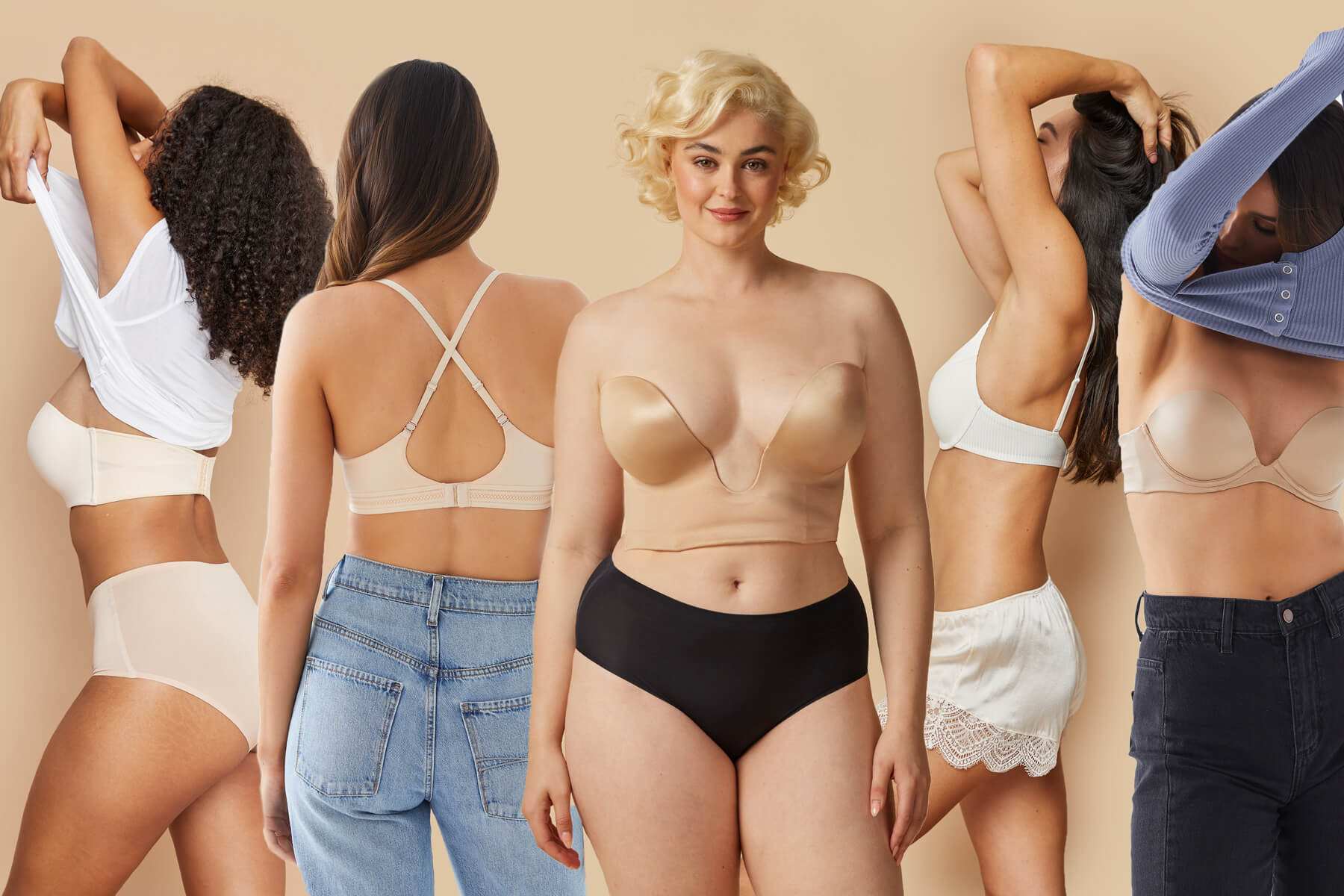 5 women wearing our 5 essential bras. Strapless, Wire Free, Low Plunge T-Shirt and Convertible.