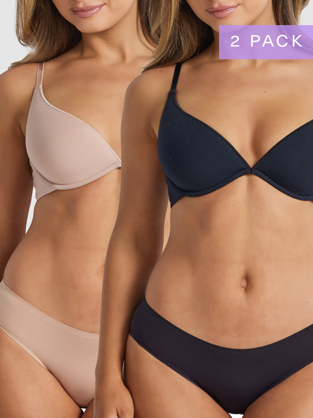2-pack Cotton Plunge Bra in Cappuccino & Black by Fine Lines Lingerie