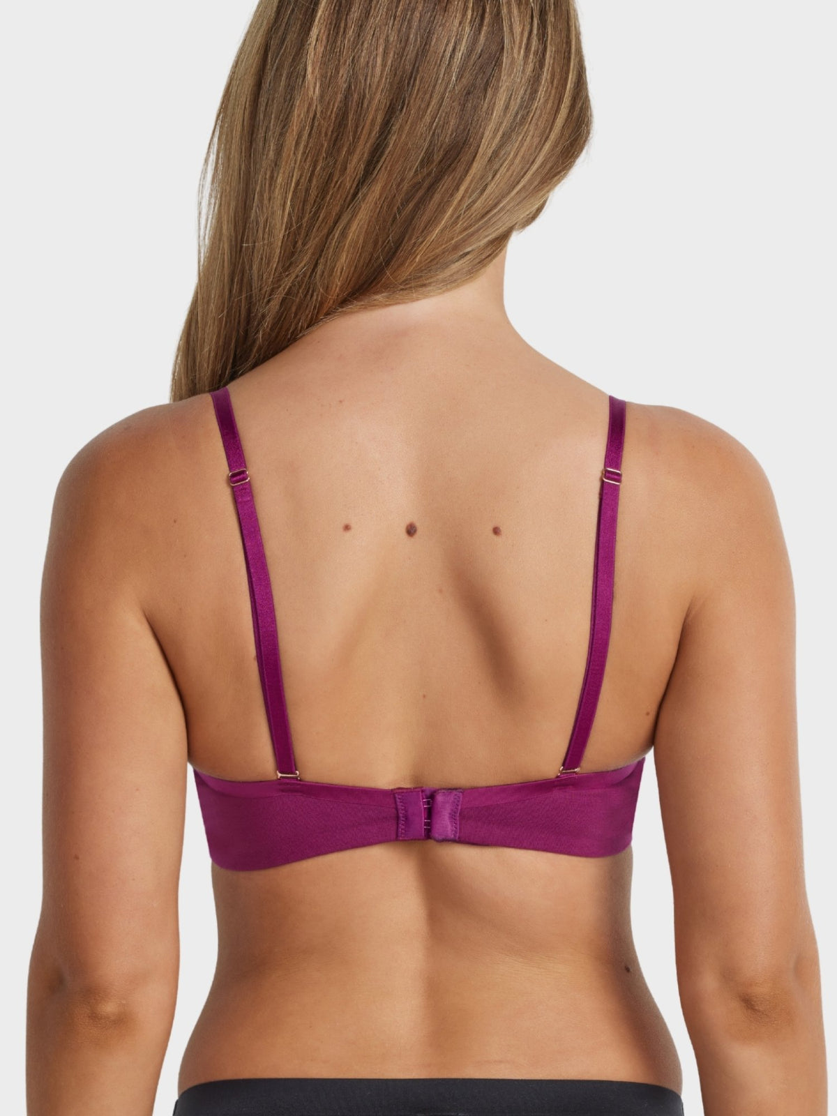 Back view of the purple Cotton Full Coverage Bra showing adjustable shoulder straps and hook-and-eye closure