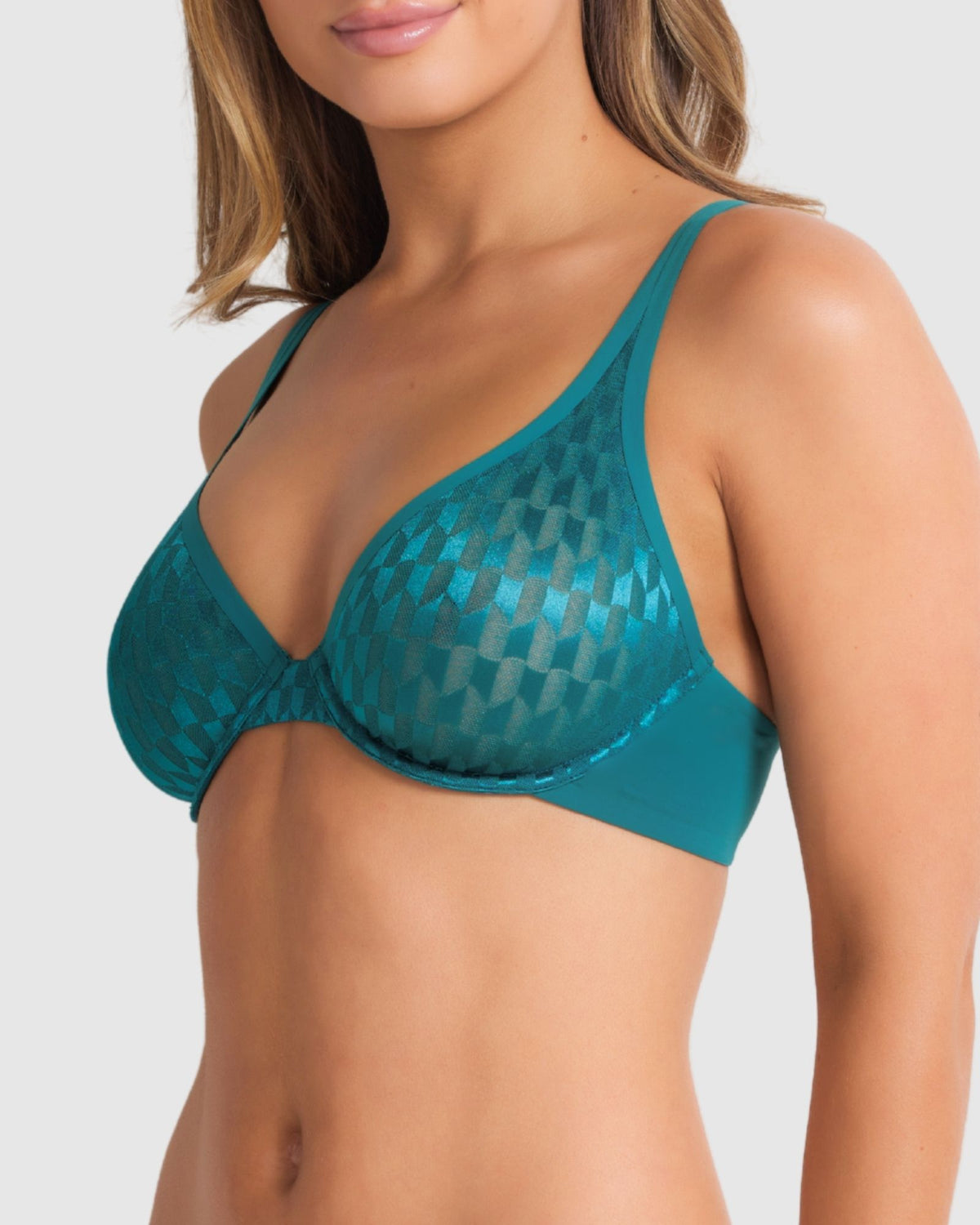 Side angle of green mesh plunge bra showing contoured cups and supportive underwire.