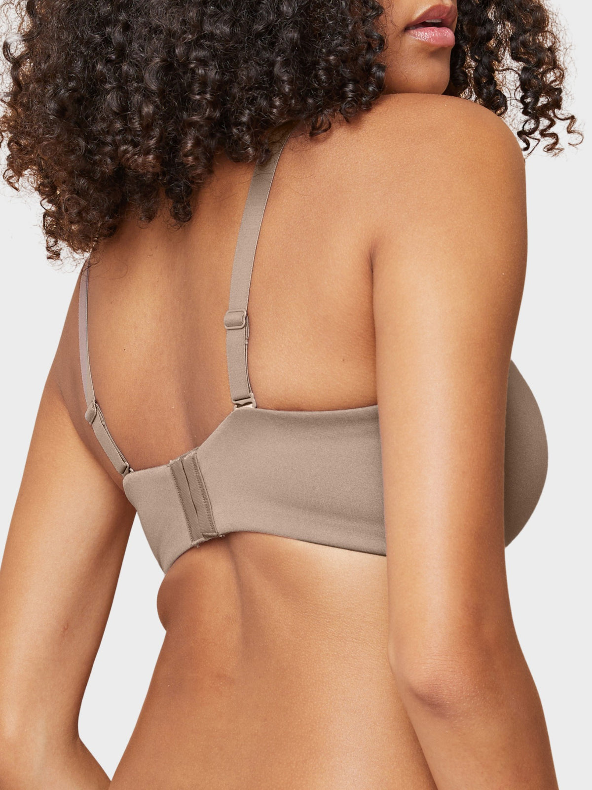 Neutral taupe-brown balconette underwire bra with seamless memory foam cups and soft fabric straps