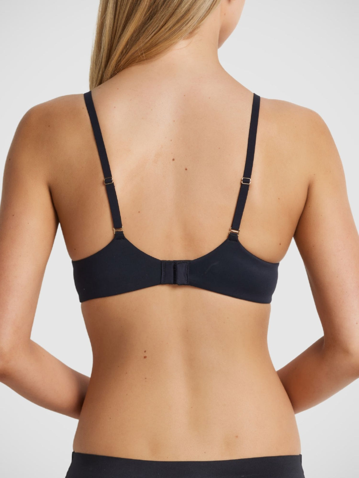 Memory Push Up Bra in Black back view, gold hardware, hook and eye closure, regular strap configuration