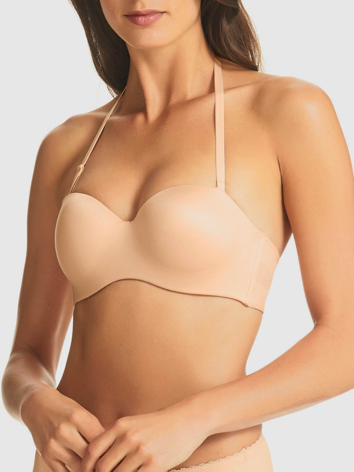Memory Strapless Bra in Nude by Fine Lines Lingerie - Front Halter Neck Straps