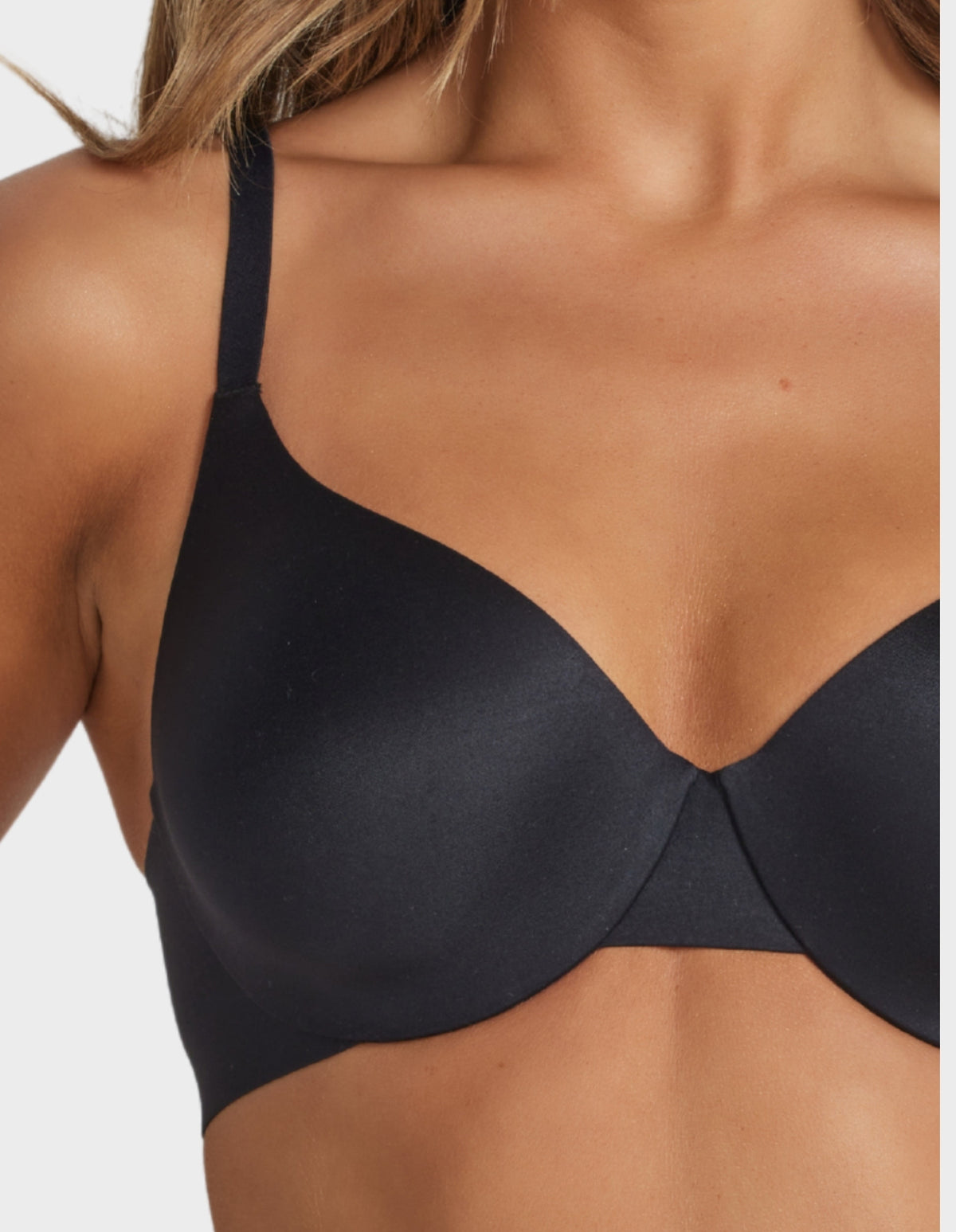 Close-up of the Ultrasoft Full Coverage T-Shirt Bra in Black showing soft brushed fabric and smooth cup finish