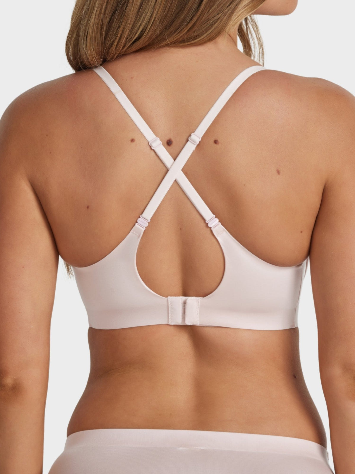 Fine Lines Ultrasoft Plunge Wirefree Bra in Powder with convertible criss-cross back