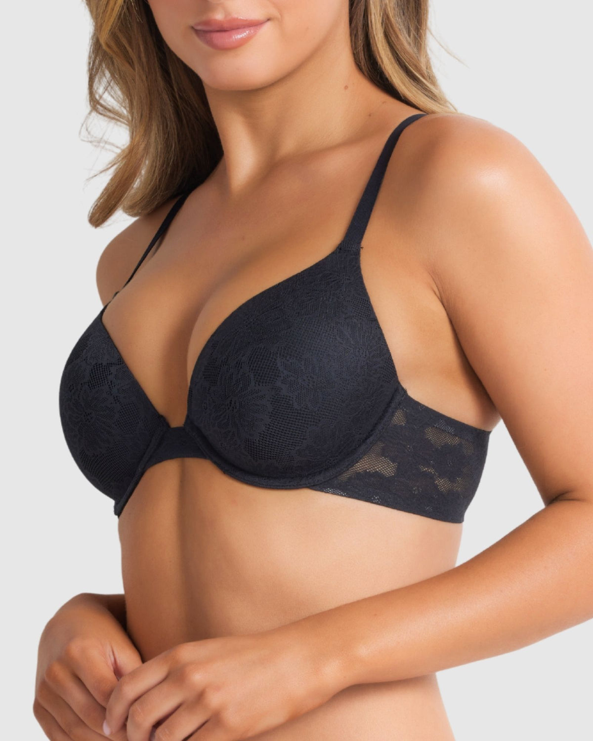 Side angle of black padded plunge bra with stretch lace wings and plunge neckline.
