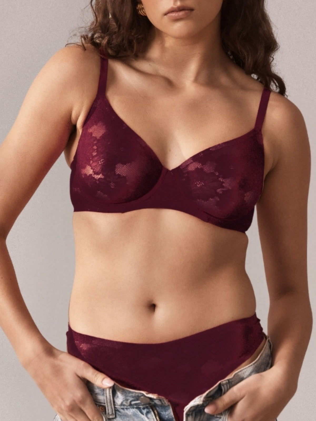 Model wearing the Weightless Underwire Lace Bra in Fig by Fine Lines Lingerie
