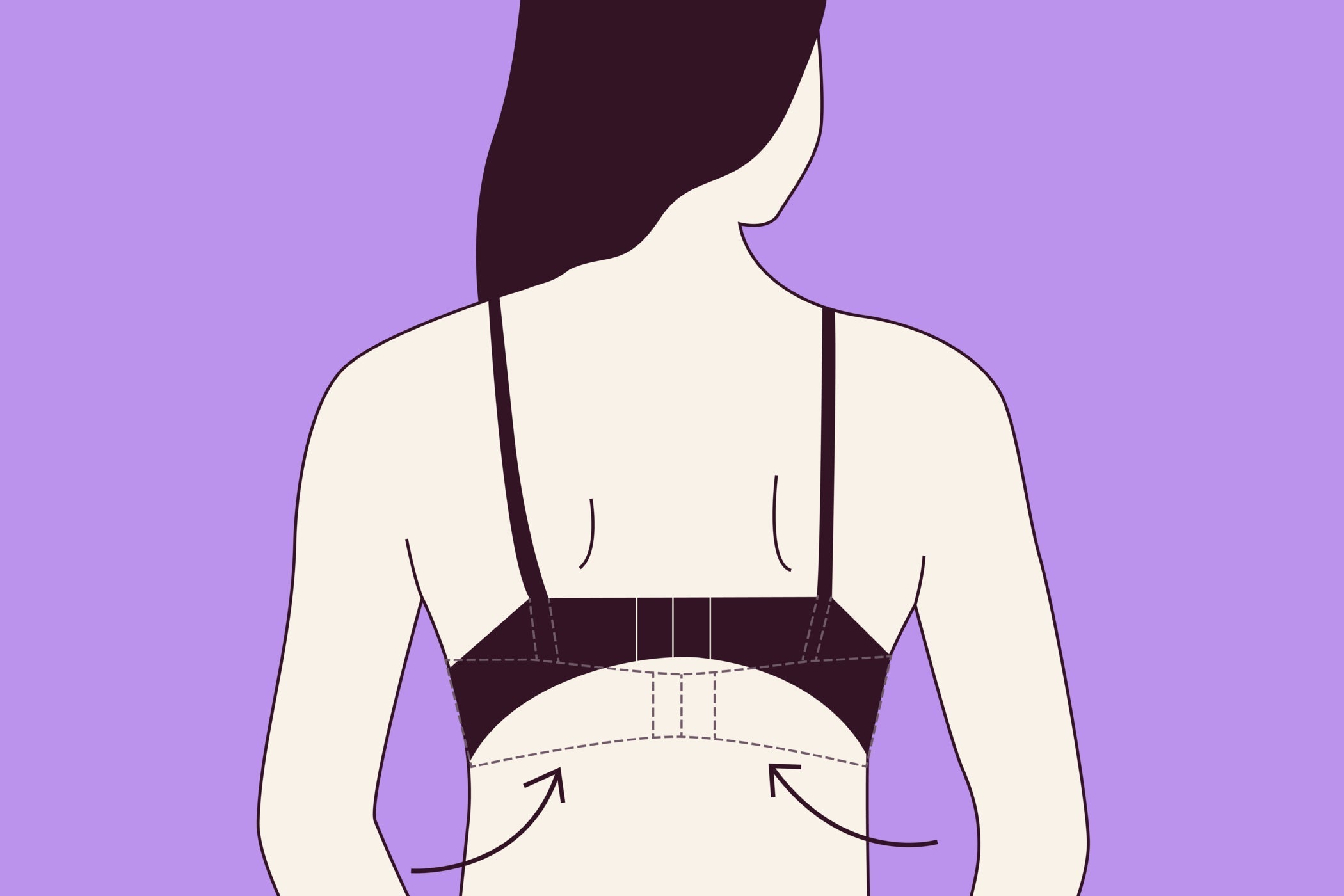 Illustration showing proper bra band fit from the back, band level and snug