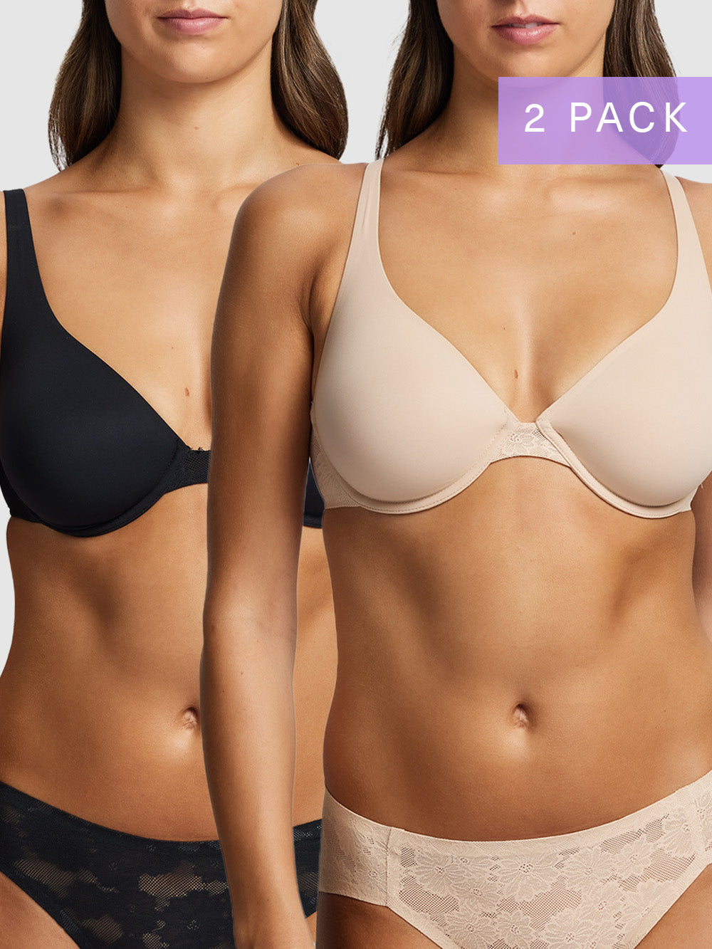 2-pack Weightless Underwire Plunge Bra in Black & Nude by Fine Lines Lingerie