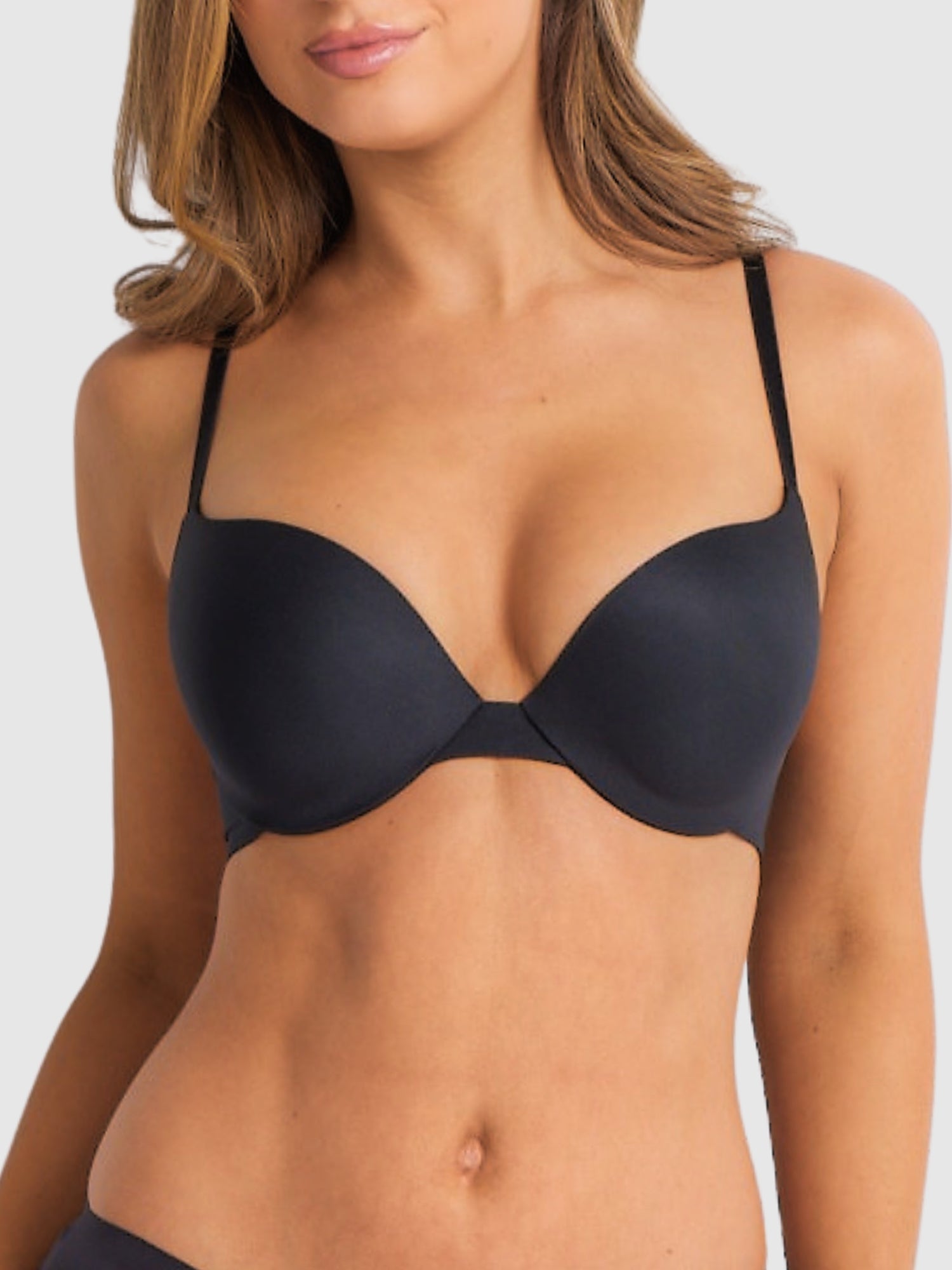 Front view of black Attitude Push Up Bra with moulded cups and deep plunge neckline.