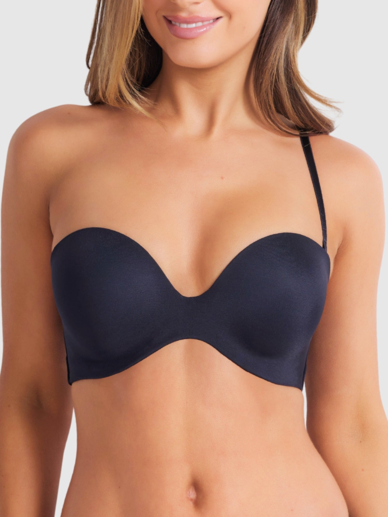 Front view of black strapless plunge bra with smooth finish and supportive structure.