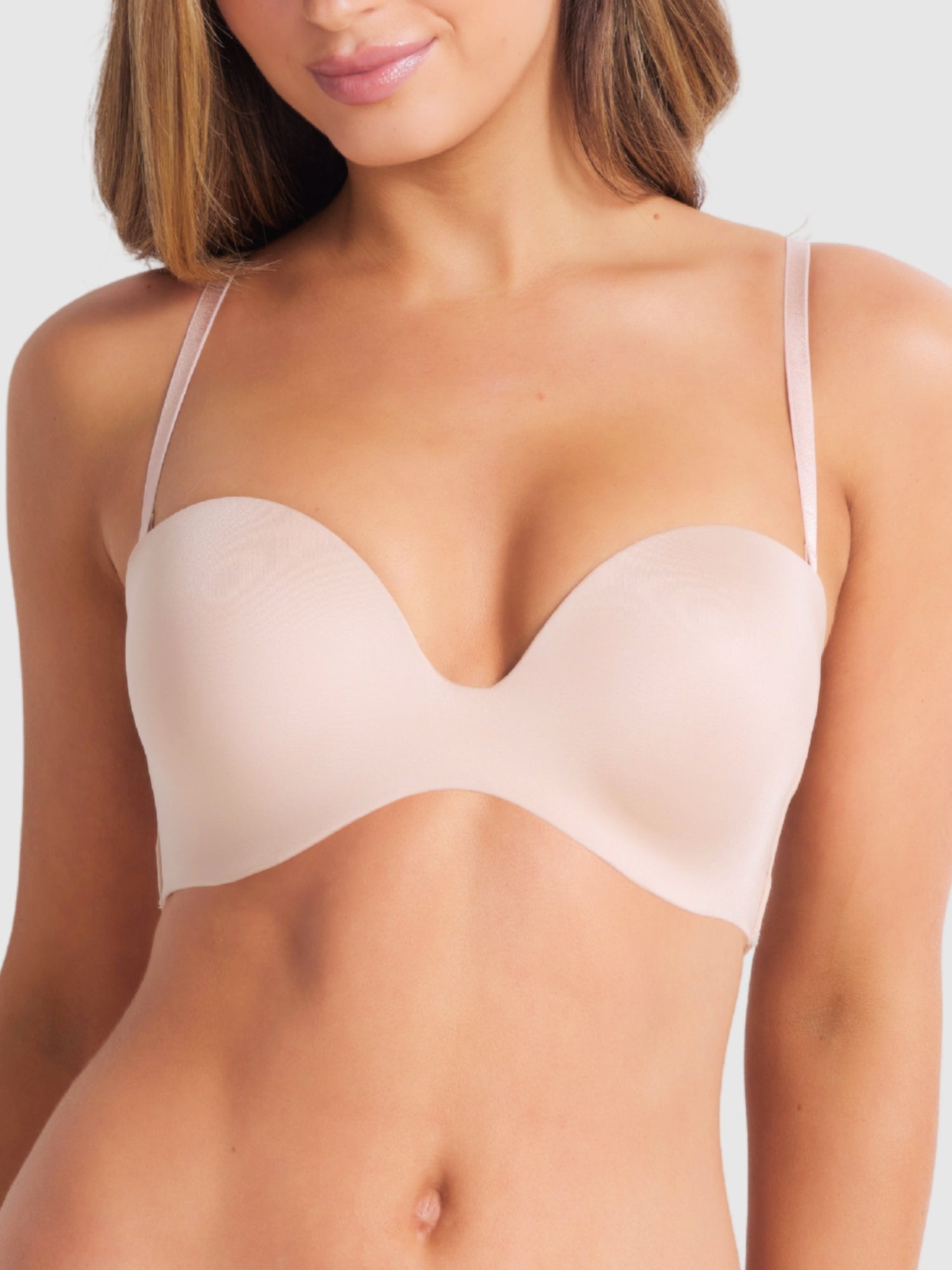 Front view of Attitude Full Figure Strapless Bra in Caramel strapless plunge bra with moulded cups and sculpted neckline.