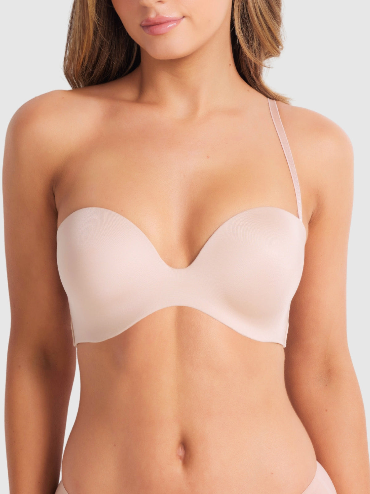 One-shoulder style plunge bra in Caramel, styled for asymmetrical outfits.