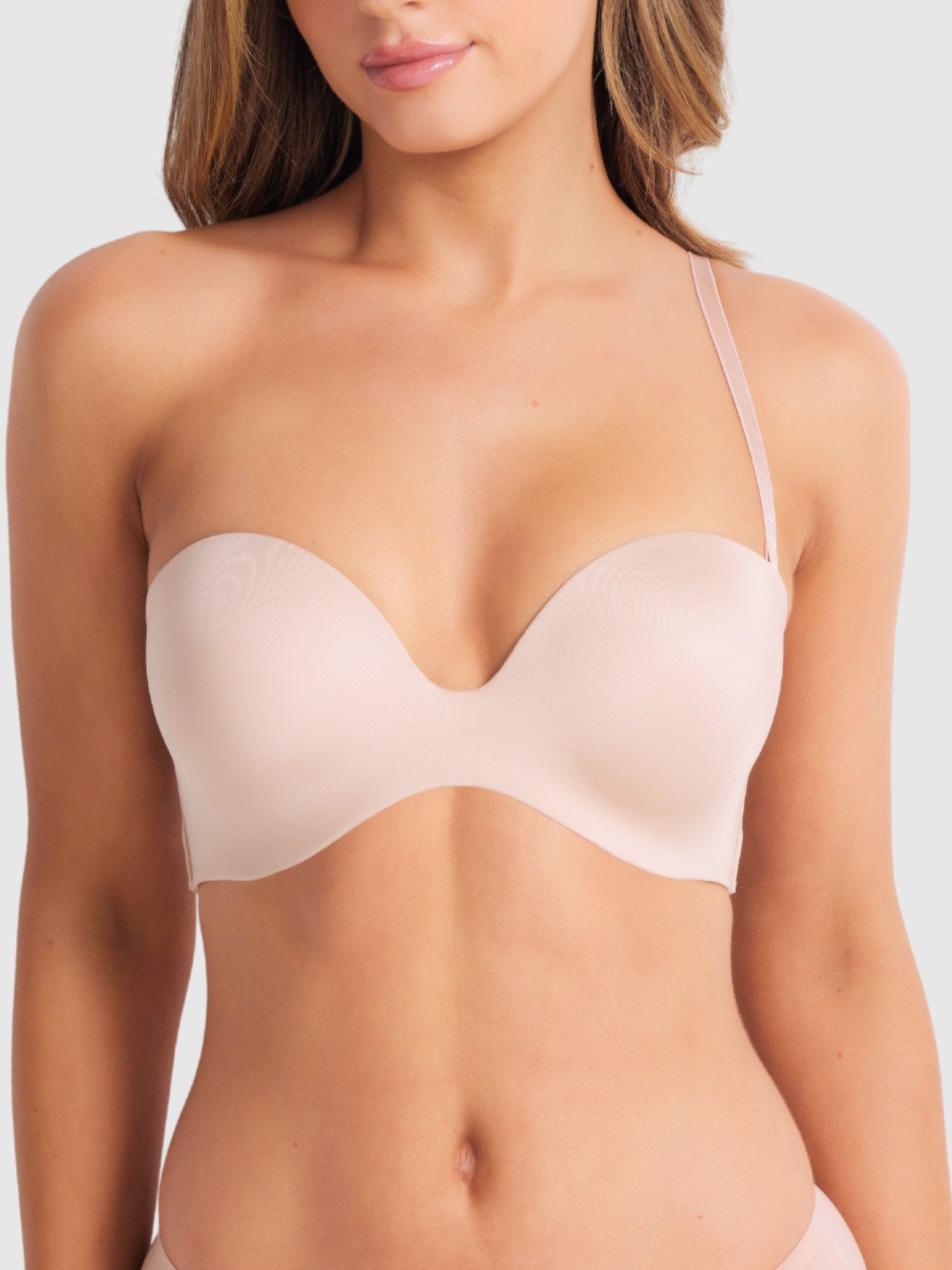 Front view of Attitude Full Figure Strapless Bra in Caramel strapless plunge bra with moulded cups and sculpted neckline.