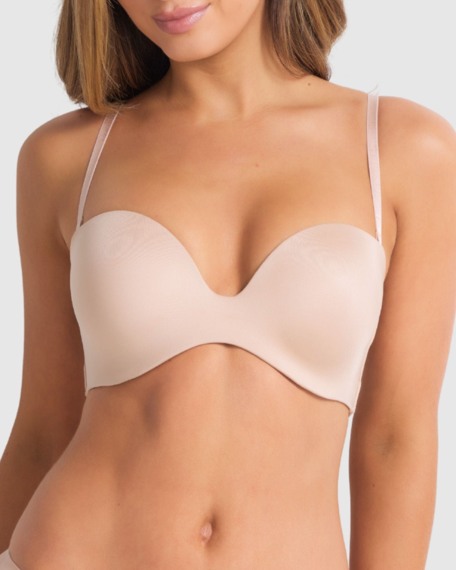 Front view of Attitude Full Figure Strapless Bra in Caramel strapless plunge bra with moulded cups and sculpted neckline.