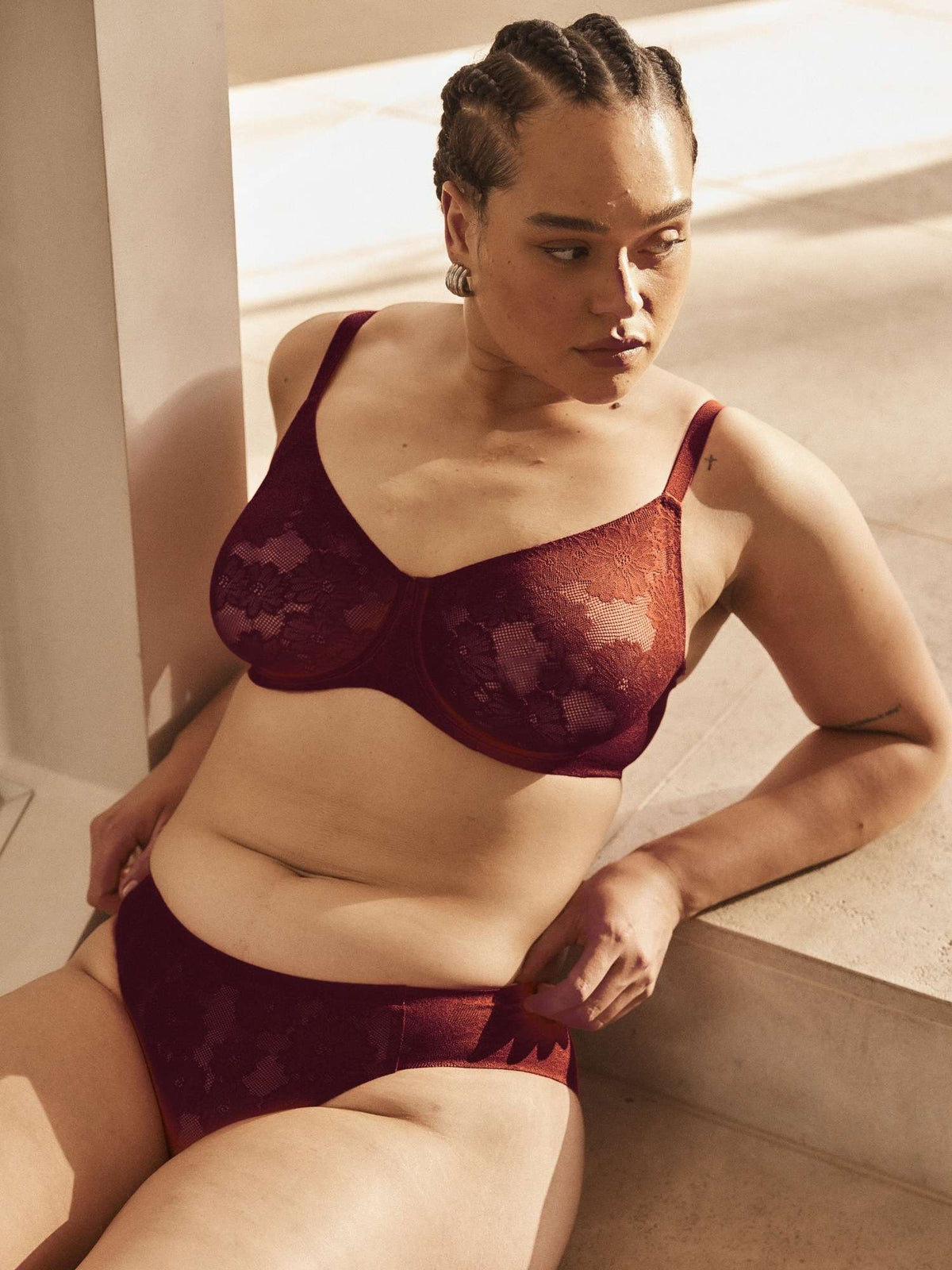 Channing wear the Weightless Underwire Lace Bra in Fig by Fine Lines Lingerie