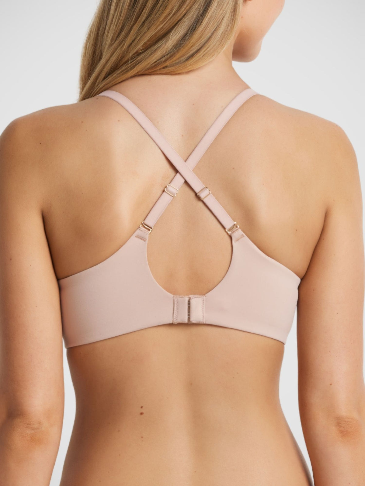 Memory Push Up Bra in Warm Taupe criss-cross strap configuration, convertible push up bra back view, gold hardware