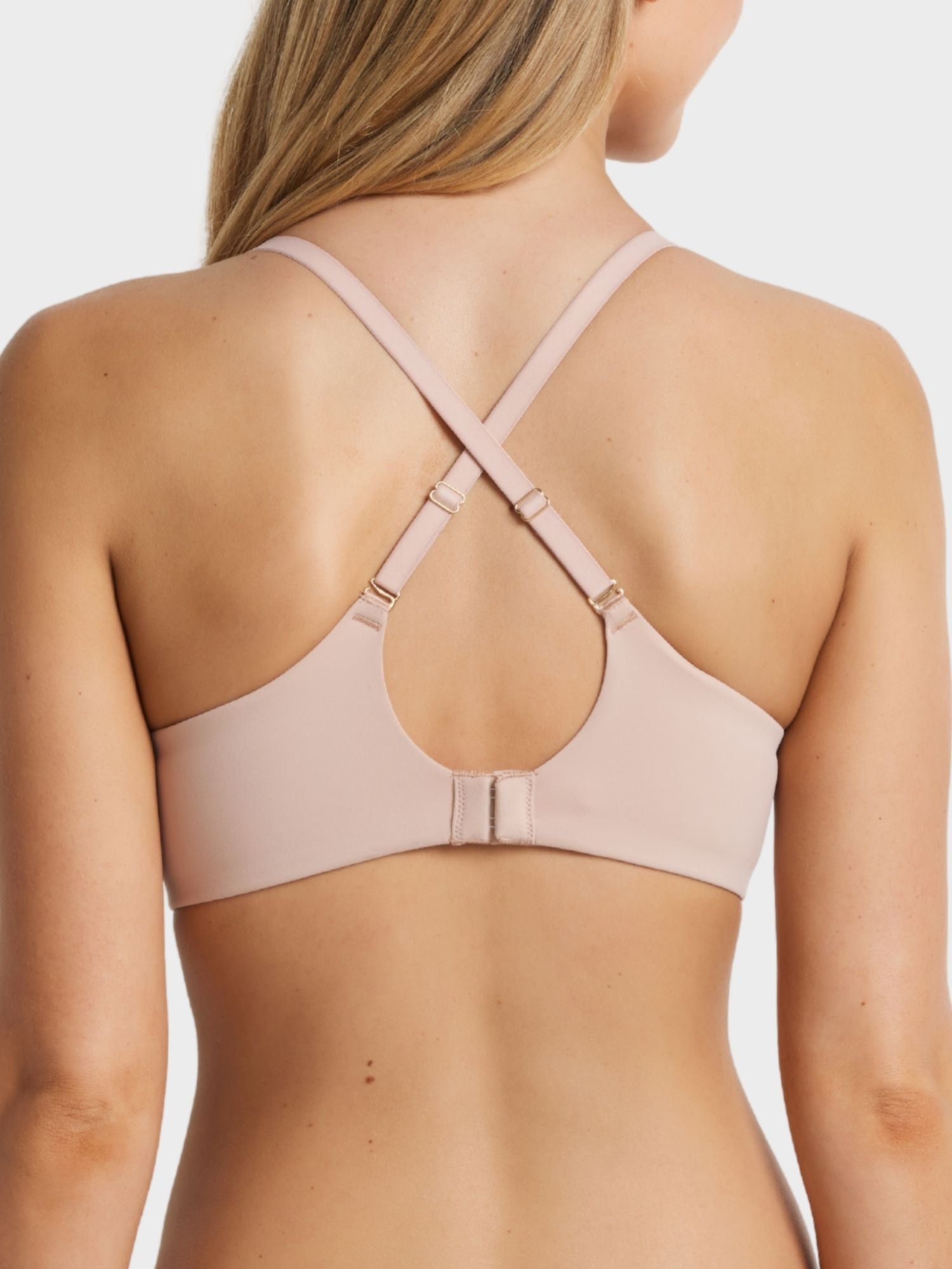 Memory T-Shirt Bra in Warm Taupe Jacquard, full coverage moulded memory foam lace t-shirt bra, model Milla front view