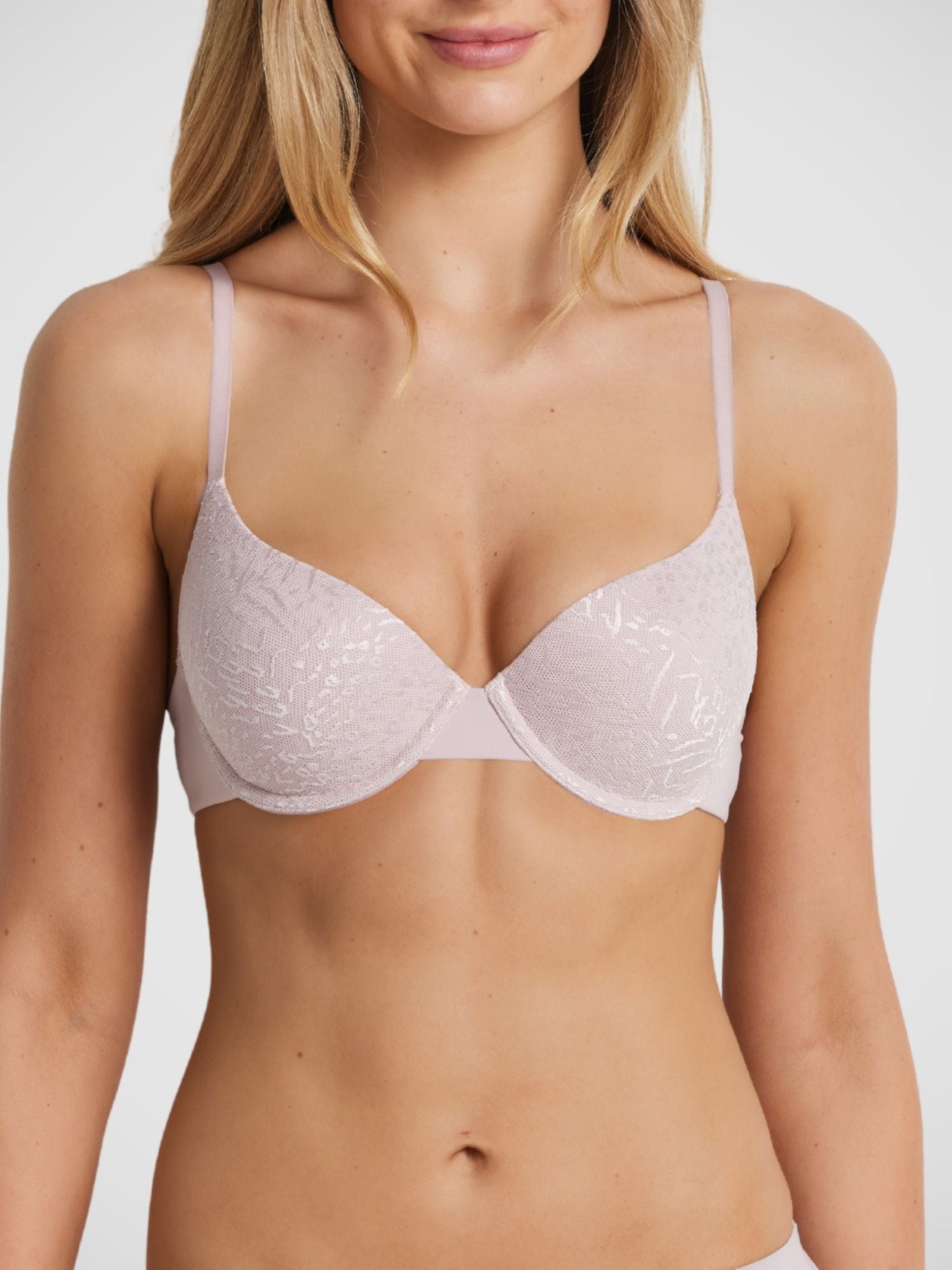Fine Lines Memory Foam Contour Bra in Dusty Pink Jacquard lace, modelled by Milla
