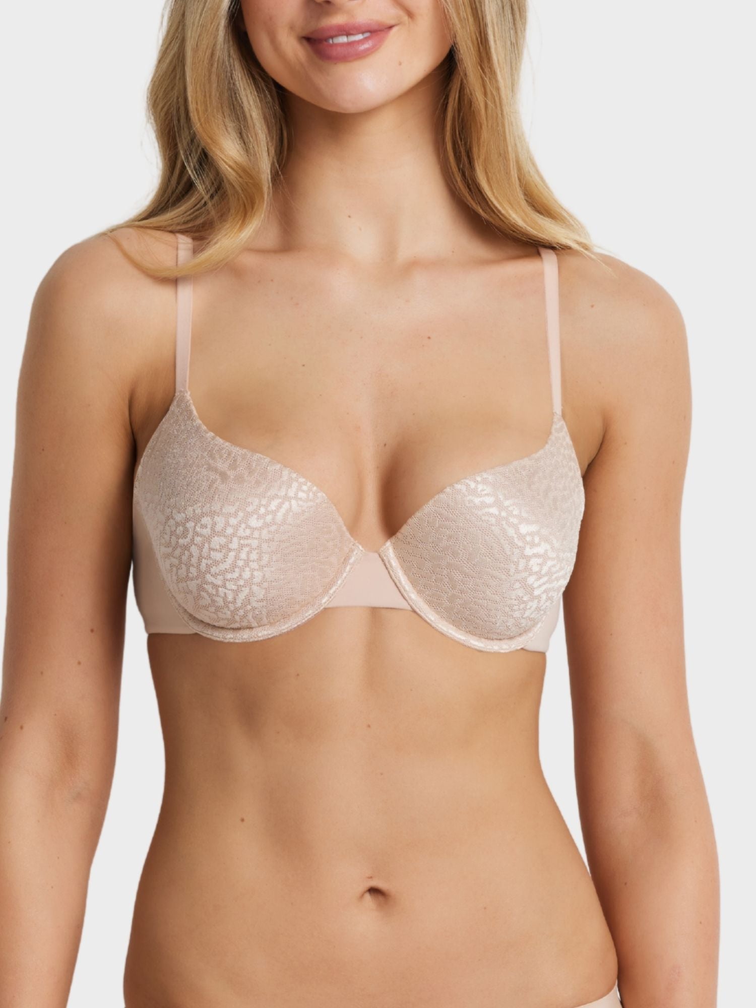Fine Lines Memory Foam Contour Bra in Warm Taupe Jacquard lace, modelled by Milla