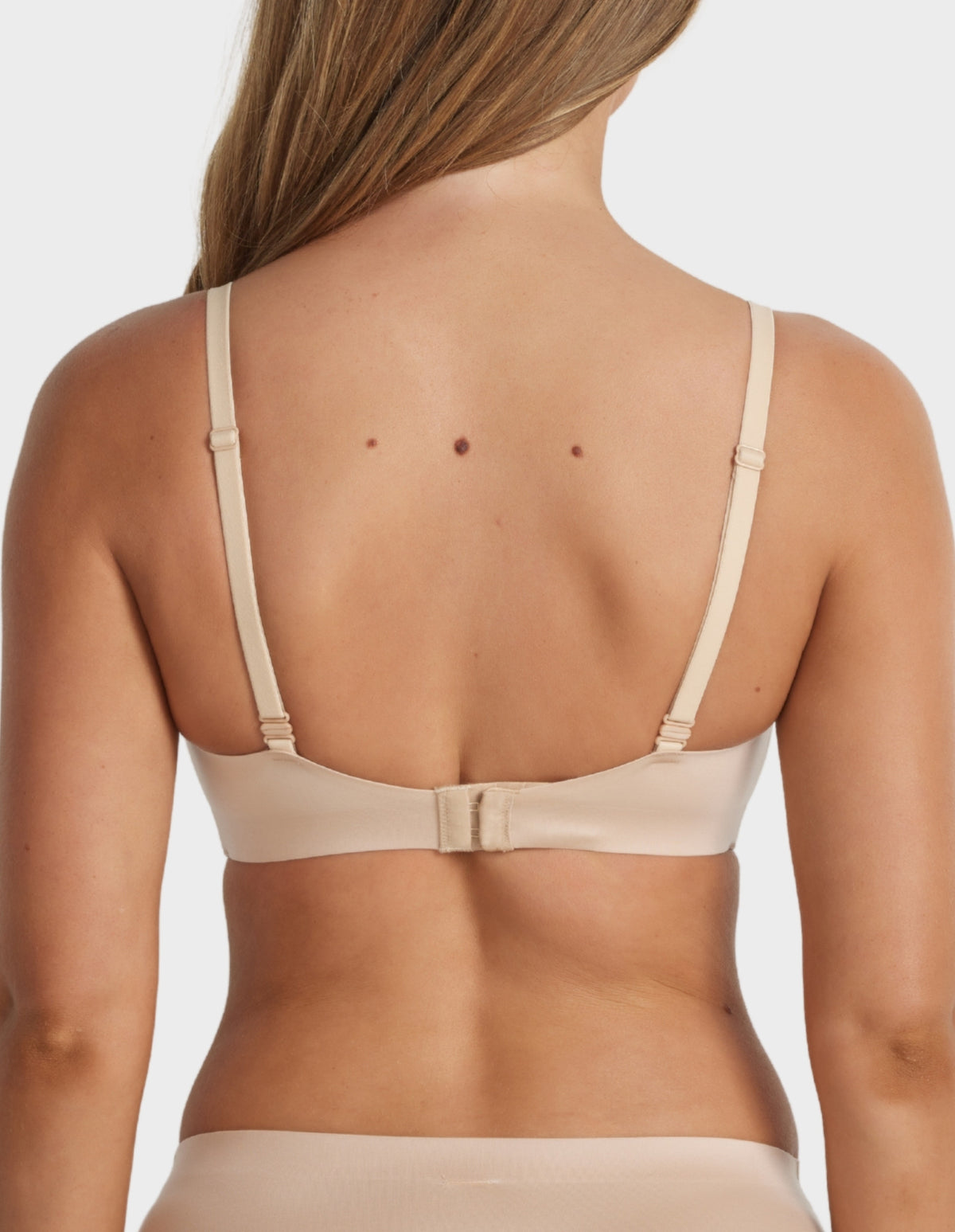 Back view of Fine Lines Ultrasoft Full Coverage Wirefree Bra in Brush with adjustable straps