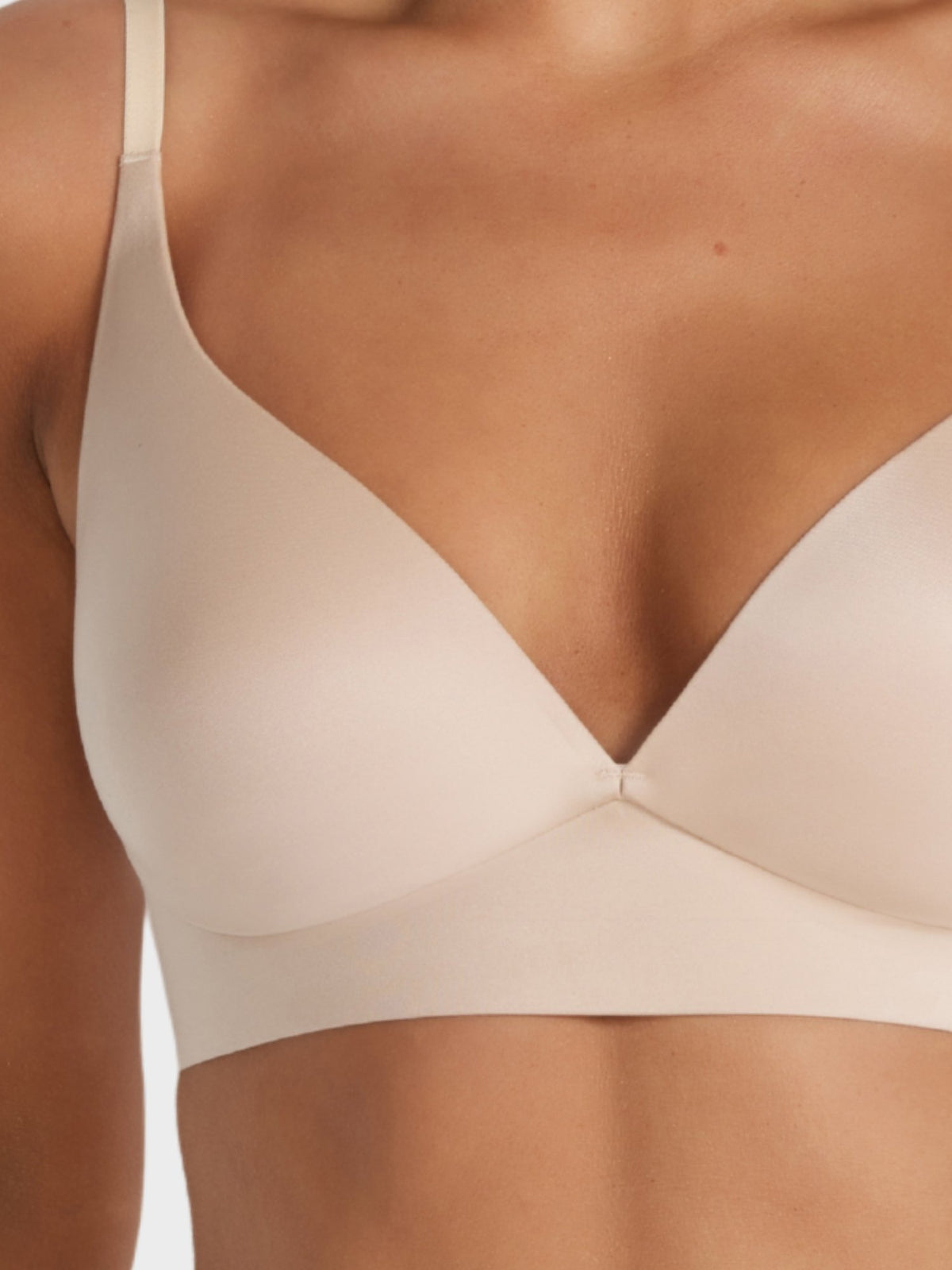 Close-up of beige soft brushed fabric on Fine Lines Ultrasoft Plunge Wirefree Bra in Brush
