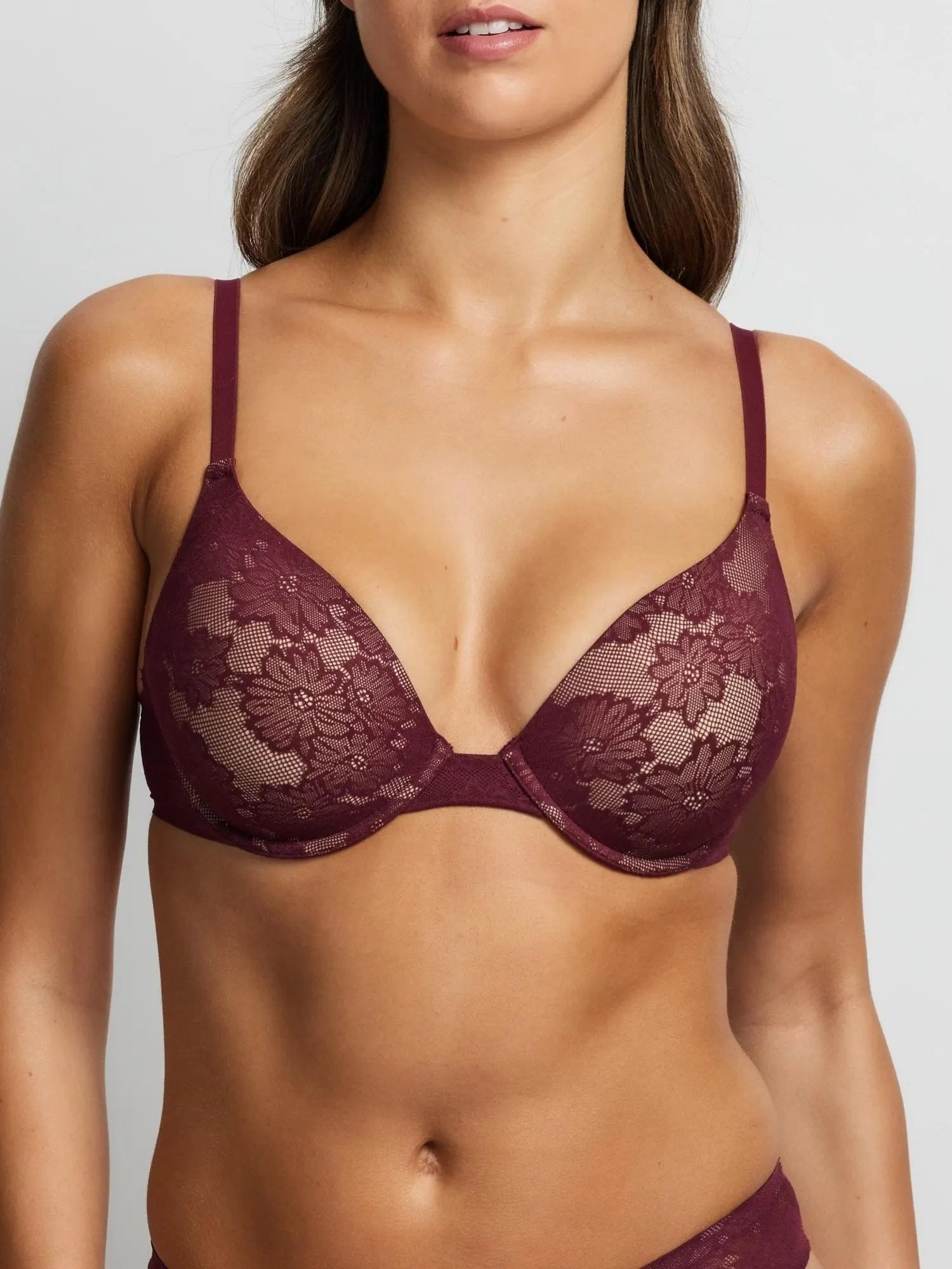 Weightless Lace Padded Plunge Bra in Fig by Fine Lines Lingerie