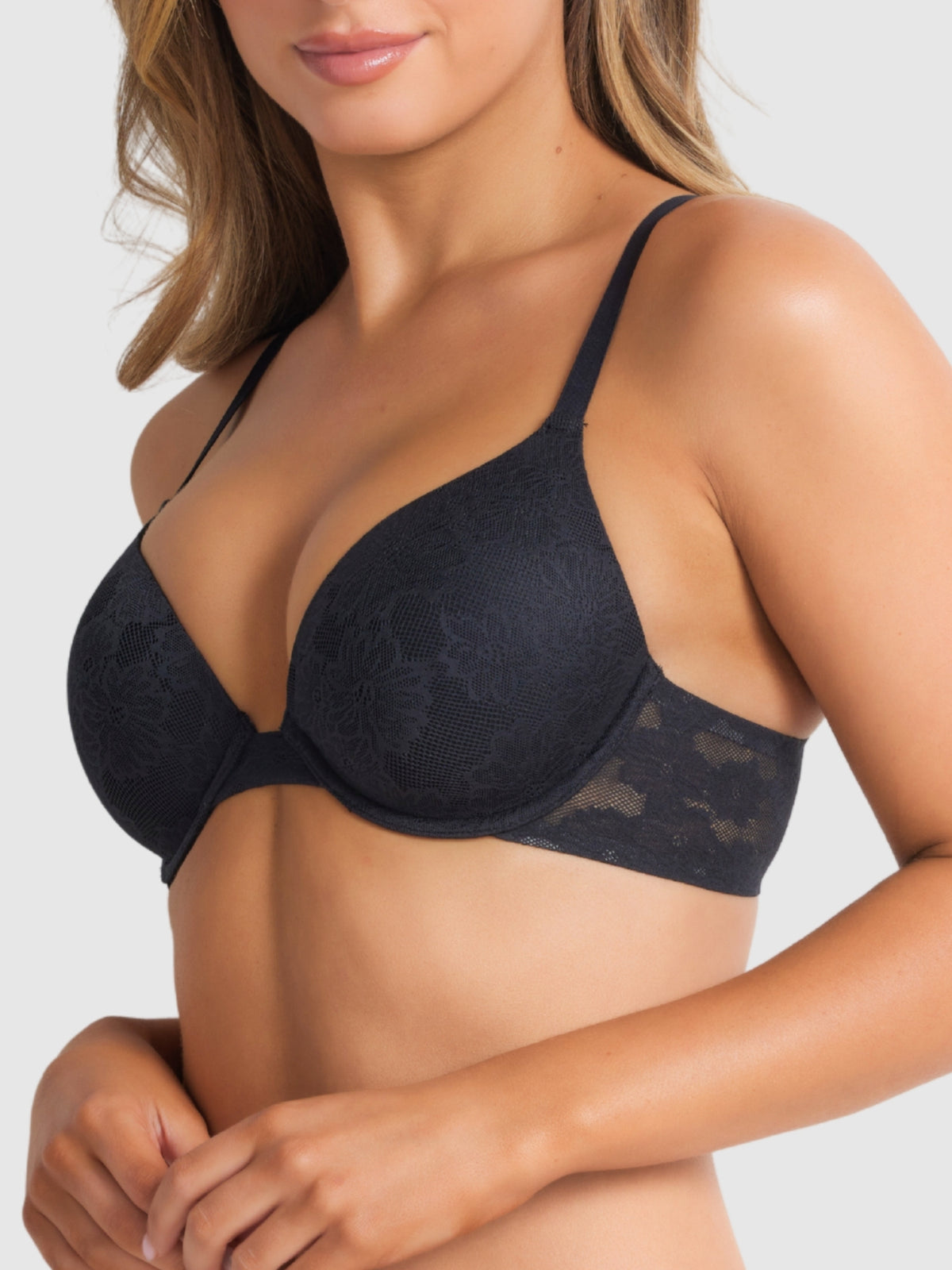 Side angle of black padded plunge bra with stretch lace wings and plunge neckline.